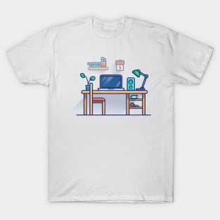 Desk, Laptop, Chair, Book, Lamp, Speaker, Plant, Calendar, And Floating Shelves Cartoon T-Shirt